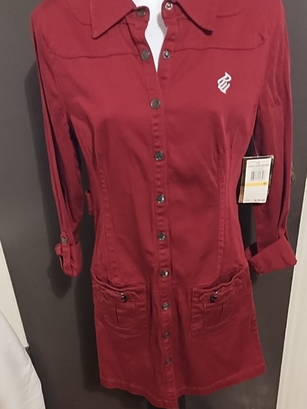 Rocawear Long-Sleeve Button Front Dress in Deep Red